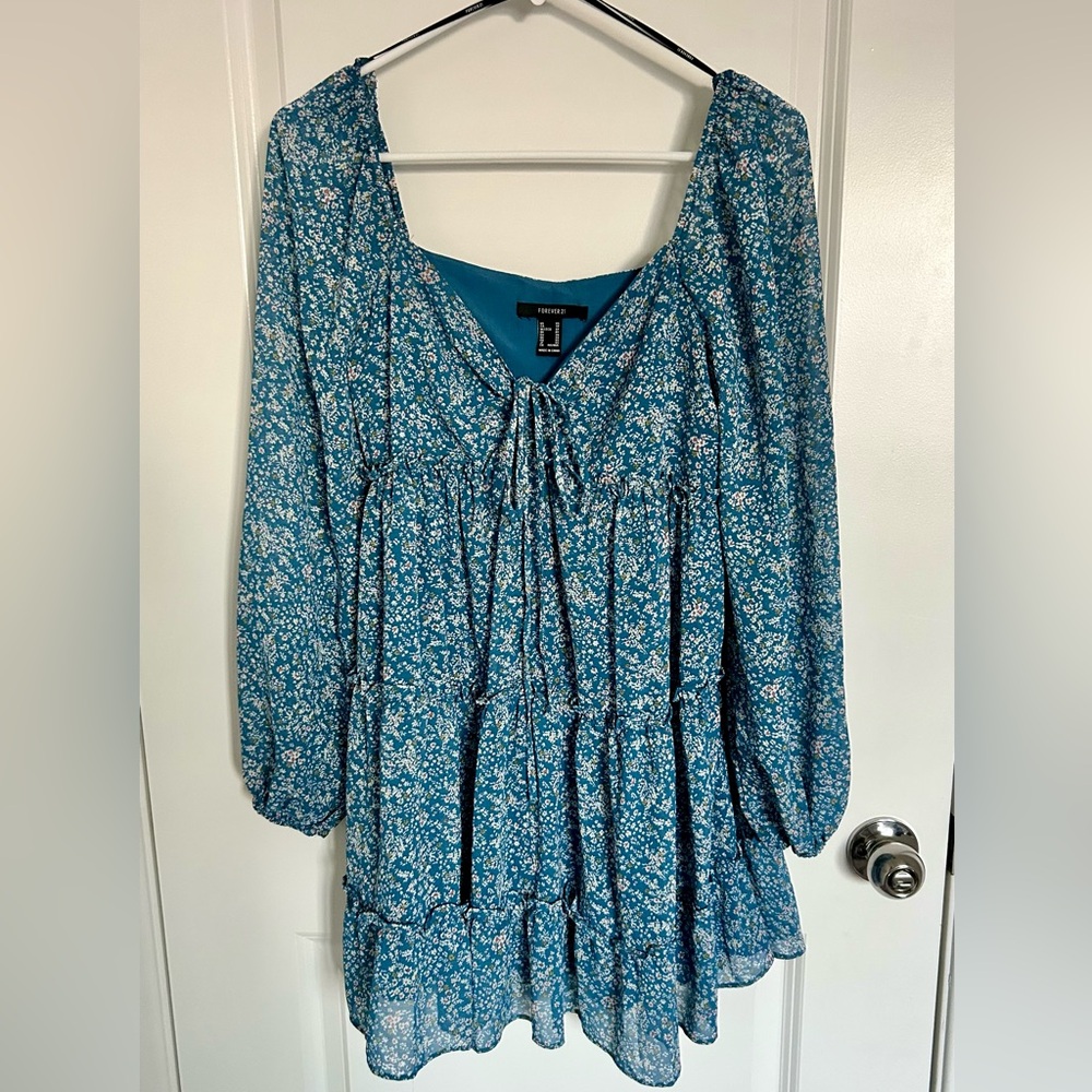 Forever 21 Teal Floral Long Sleeve Dress